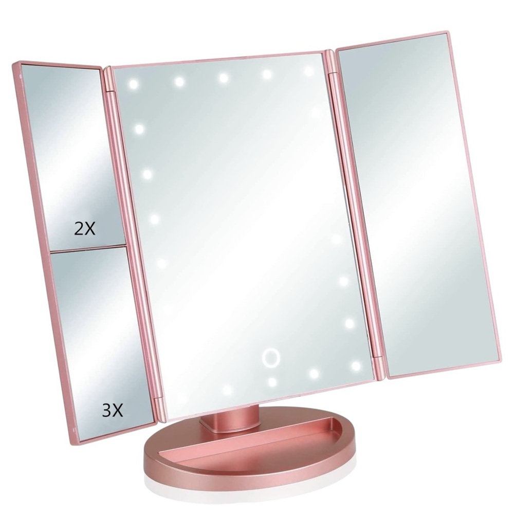Tri-Fold Lighted Makeup Mirror 22 LED 1x 2x 3x Rose Gold USB Battery Operated